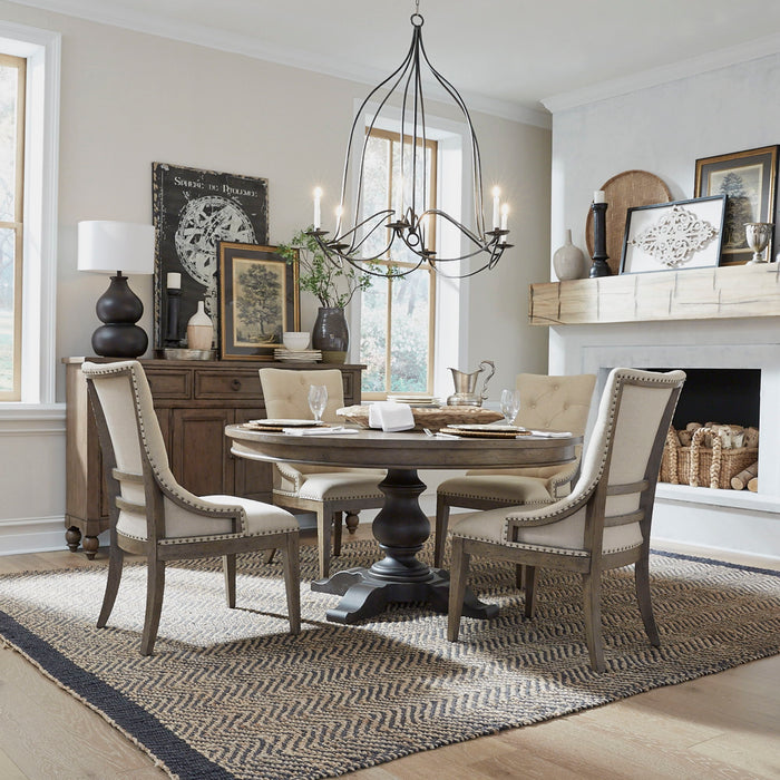 Americana Farmhouse - 5 Piece Pedestal Table Set (Upholstered Shelter Side Chairs) - Light Brown