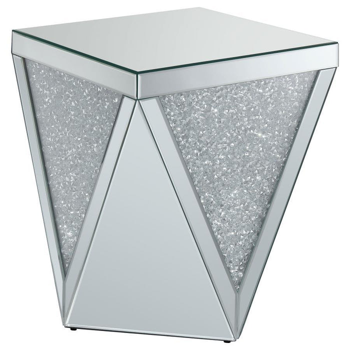 Amore - Square End Table With Triangle Detailing - Silver And Clear Mirror