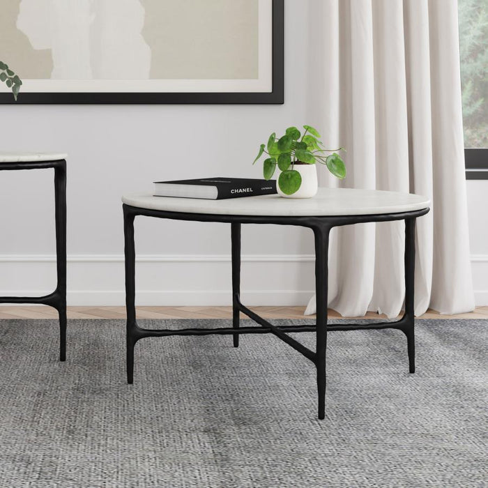 Hermas - Round Genuine Marble Top Metal Coffee Table - White