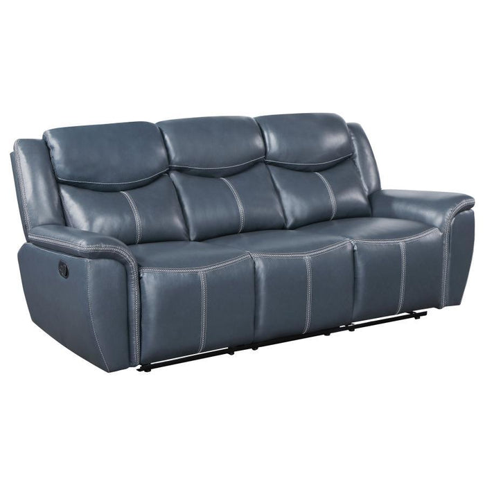 Sloane - Upholstered Motion Reclining Sofa With Drop Down Table - Blue