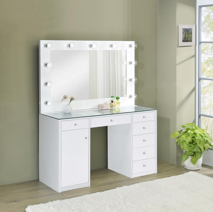Percy - 7-Drawer Glass Top Vanity Desk With Lighting - White